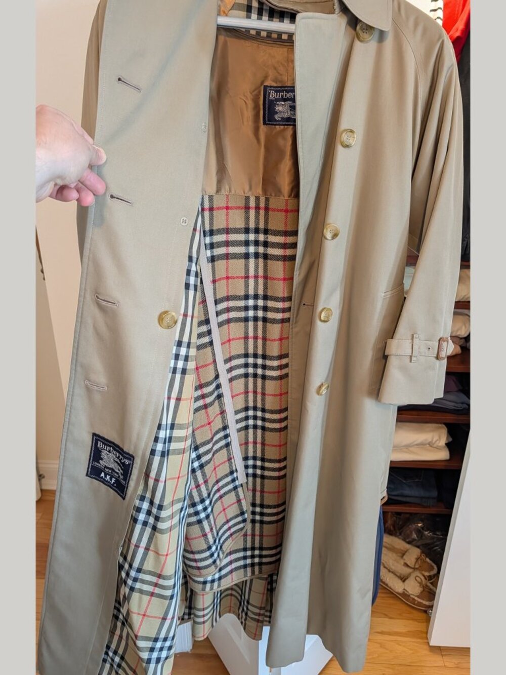 VTG Burberry Womens M 10 Long Stone Trench Coat Nova Check + Wool Liner Belted - Picture 3 of 10